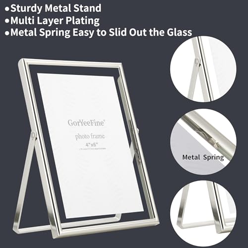 GorYeeFine Silver 5x7 Floating Picture Frame - Fits 3.5x5 & 4x6 Photos, Adjustable for Tabletop & Shelf Display, Wedding & Holiday Decor - Silver / 5x7 For 4x6