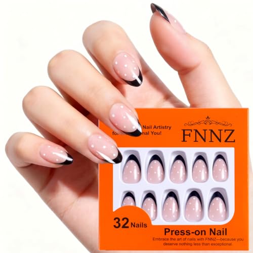 FNNZ Black French Tip Short Almond Press On Nails with Glue - 32Pcs