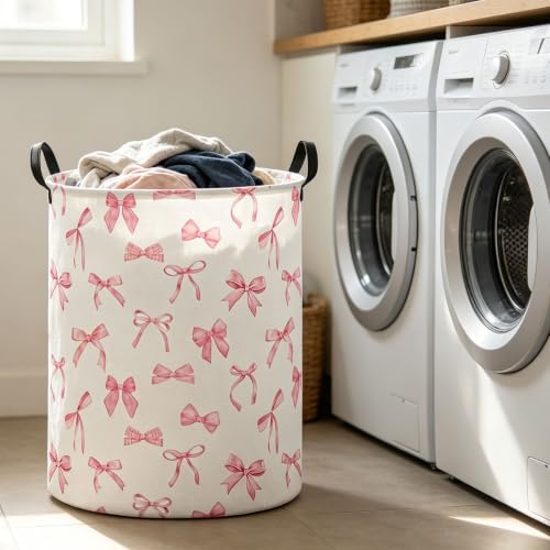 Collapsible Waterproof Laundry Basket - 19.7" Hamper with Handles (Pink Bowknot)