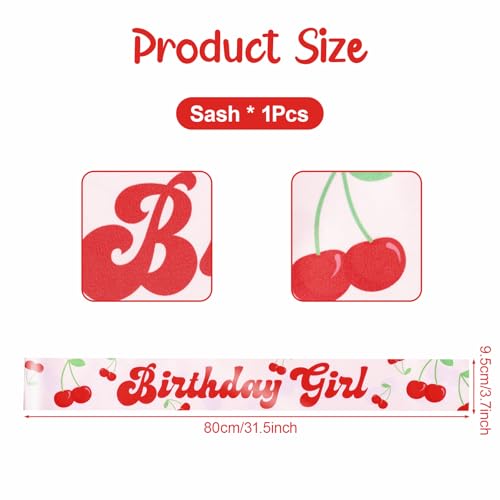 Thinp Cherry Birthday Girl Sash - Pink Satin with Red Cherry Pattern