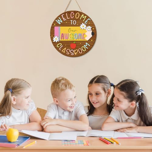 Pencil Welcome Sign - Wooden Hanging Classroom Decor with Apples & Flowers