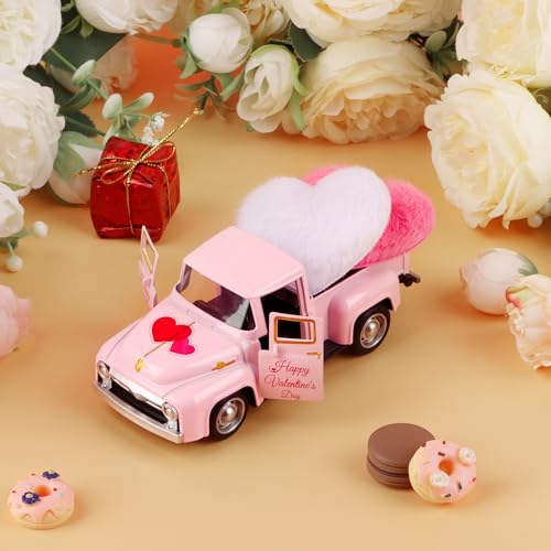 Valentine's Day Mini Pink Metal Pickup Truck with Hearts Decor