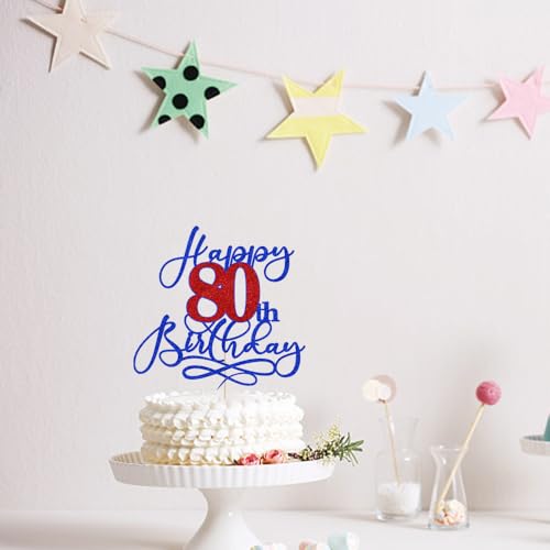 80th Birthday Cake Topper - Deep Blue & Red Glitter Party Decoration