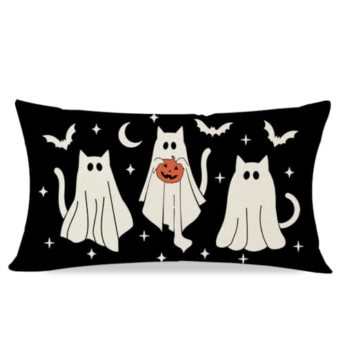 PANDICORN Halloween Throw Pillow Cover 12x20 Cute Ghost Cat - Black