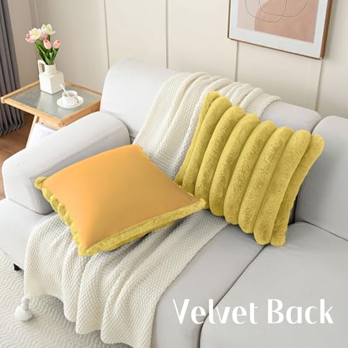 FUTEI Faux Rabbit Fur Throw Pillow Covers - 18x18 in, Mustard Yellow (Pack of 2)