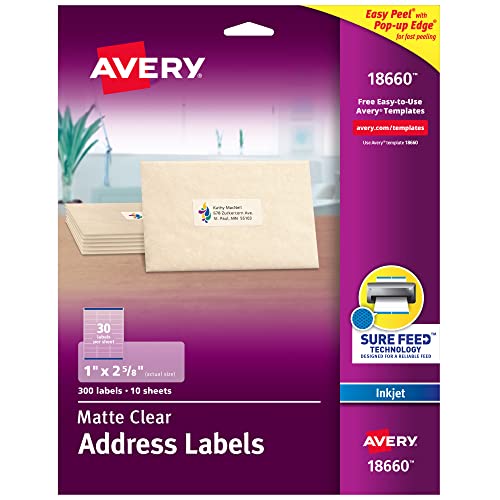 Avery Matte Clear Address Labels, 300 Pack, 1" x 2-5/8"