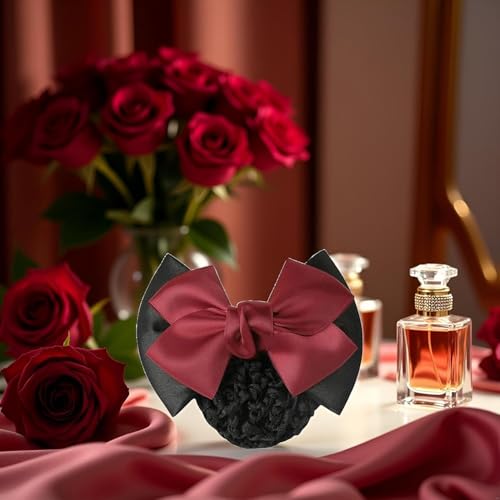 Wine Red Hair Snood Net Bowknot Barrette Elastic Mesh Bun Cover