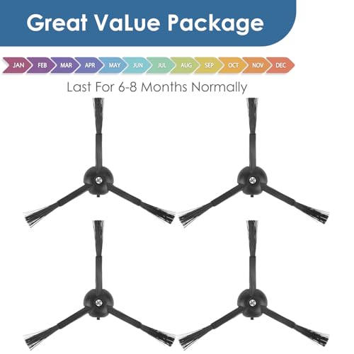 4-Pack 3-Armed Black Side Brushes Replacement for Roborock Robot Vacuums