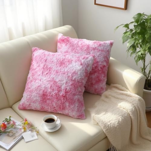 QIFONIX Rose Textured Faux Fur Throw Pillow Covers, Pink & White, 18x18