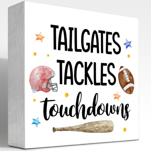 Tailgates Rugby Wood Block Sign - Rustic Desk Decor for Home