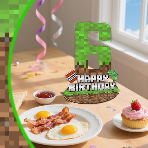 Pixel Miner Number 6 Acrylic Birthday Centerpiece Sign