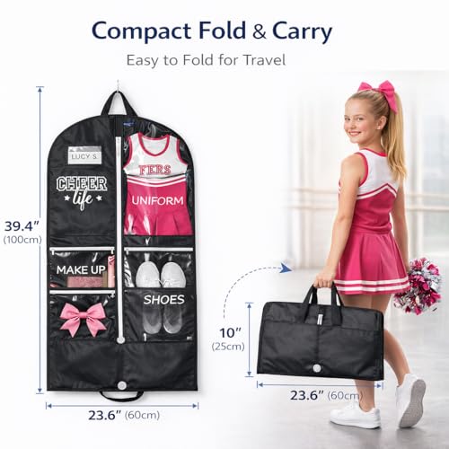 40" Water Resistant Cheer Garment Bag for Girls with 4 Pockets