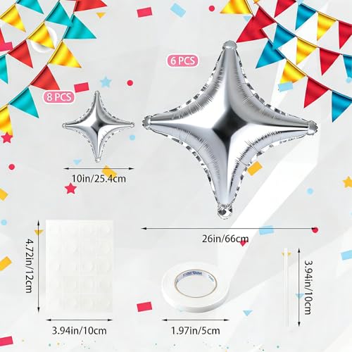 14-Pack Silver Star Foil Balloons - 26 & 10 Inch Party Decor