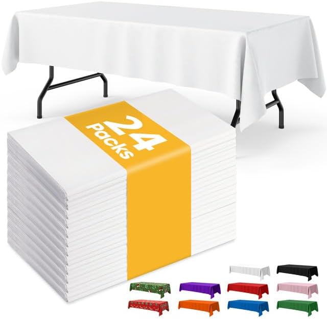 Niuara White Plastic Tablecloths - 24 Pack 54" × 108" Waterproof Disposable Covers for Parties & Events