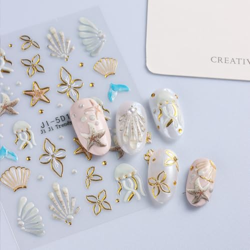 5D Embossed Summer Nail Art Stickers Gold Shell Starfish Beach Decals