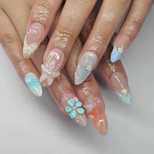 Blue French Tip Press On Nails Medium Almond Summer Fake Nails
