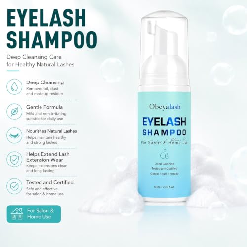 Obeyalash Eyelash Extension Shampoo Kit - 60ml Oil-Free Foam Cleanser with Rinse Bottle and Brush