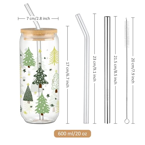 Christmas Glass Tumbler with Lid & Straw - Green Tree Xmas 20oz Style 1