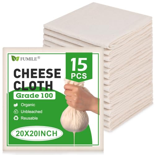 FUMILE 15-Pack Reusable Organic Cotton Cheesecloth, 20x20 Inch Straining Cloth