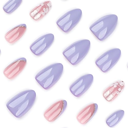 MISUD Medium Almond Press on Nails – Purple Spring Floral Acrylic Fake Nails