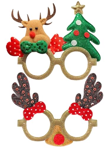 Christmas Party Glasses Gift Set Reindeer & Xmas Tree Glitter Novelty Photo Props