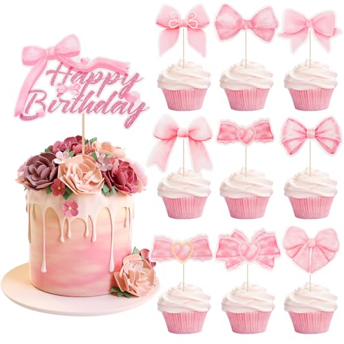 Pink Bow Happy Birthday Cake Topper Set - 25 Pcs Decorations