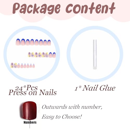 BABALAL Short Oval Press on Nails Blue French Tip with Lemon Design