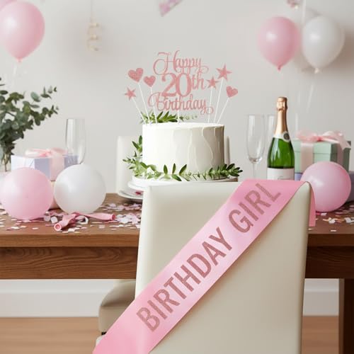 Happy 20th Birthday Cake Topper Set with Rose Gold Decorations