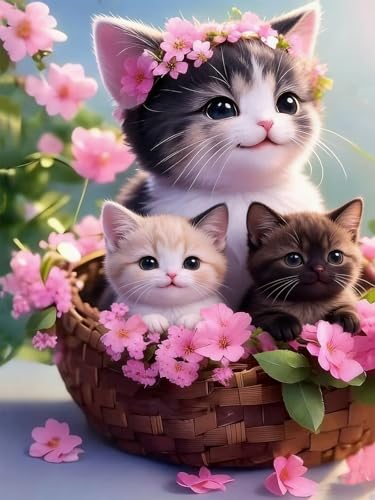 NebuIuxe Kittens in Flower Basket 5D Diamond Painting Kit 12x16 Inch
