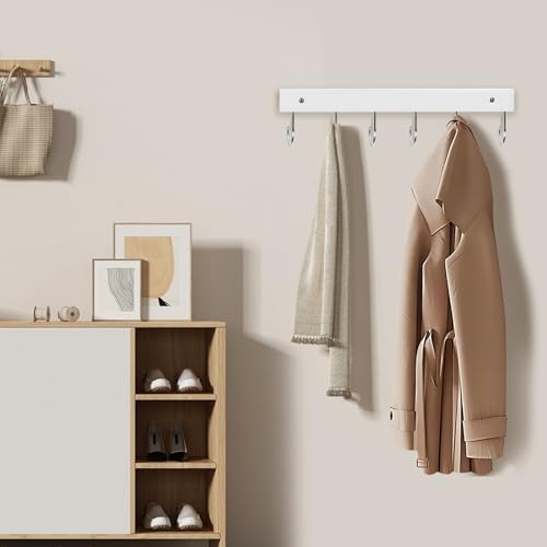 White Wall Mount Coat Rack with 6 Rotating Hooks - 14.6 inch Wooden Hanger