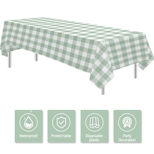 Sage Green Gingham Tablecloths - 3 Pack, 55 x 86in, Disposable