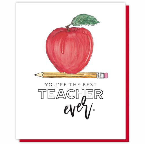 Best Teacher Appreciation Greeting Card with Envelope, Watercolor Apple Design