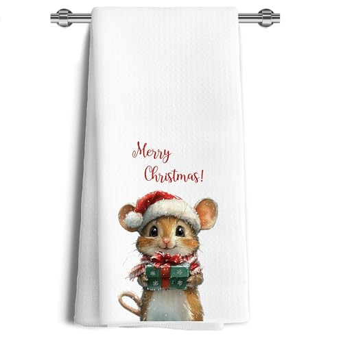 Christmas Mouse Kitchen Towel White - Soft Absorbent Holiday Hand Towel 16x24 Inches