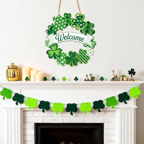 St. Patrick's Day Shamrock Welcome Sign - 11" Wooden Wreath