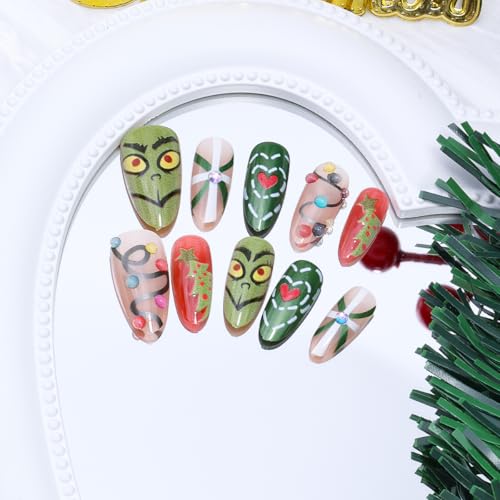 Christmas Press on Nails Medium Almond Fake Nails 30Pcs Xmas Rhinestone