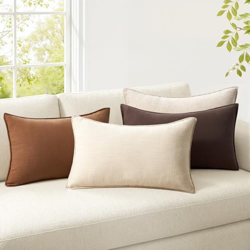 Pack of 4 Linen Lumbar Pillow Covers - 12x20 Inch Farmhouse Style