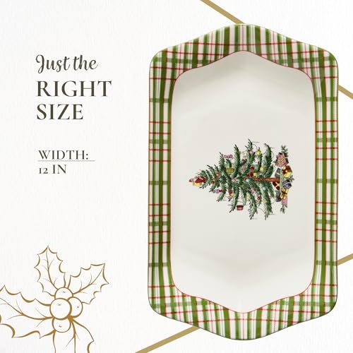 Spode Christmas Tree Checkered Porcelain Collector Tray Holiday Serving