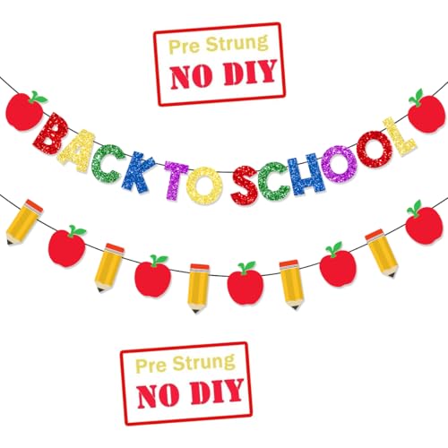 Pre-Strung Welcome Back to School Banner with Glitter Pencil Apple