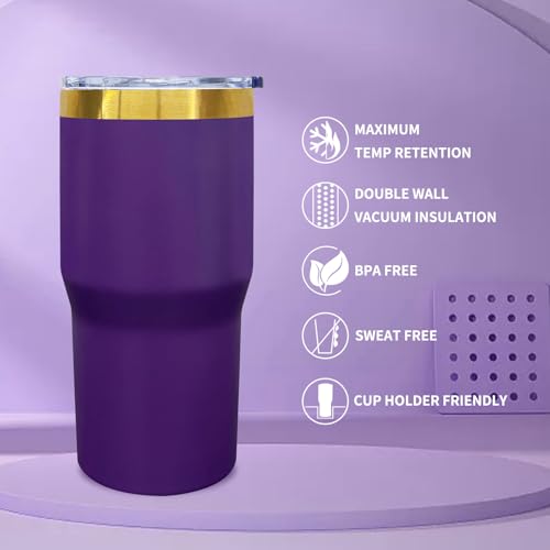 Purple 20 oz Stainless Steel Tumbler with Lid & Straw - Bulk Set of 6