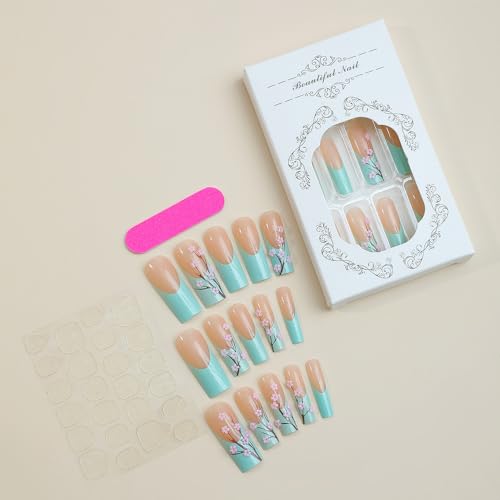 Blue French Tip Long Square Press on Nails with Plum Blossom Design