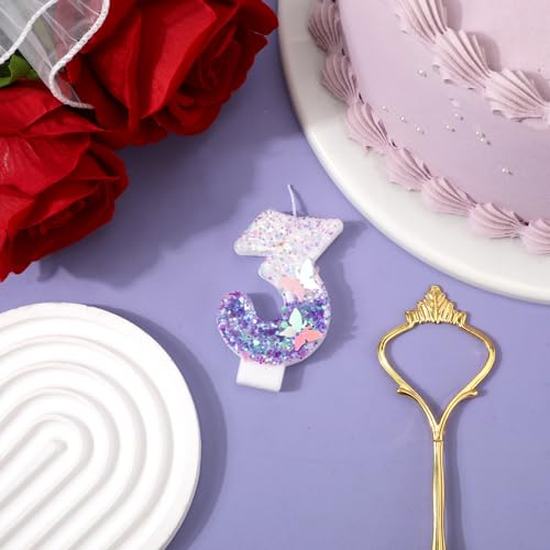 Purple Butterfly Glitter Number 3 Candle, 2.87 Inch Birthday Cake Topper
