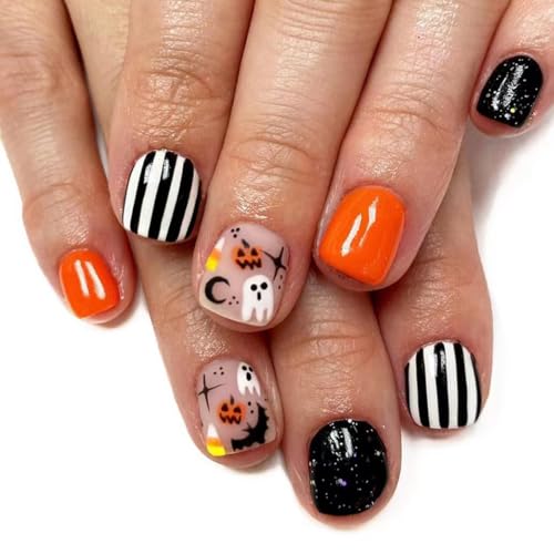 Halloween Press on Nails Short Square Cute Ghost Bat Pumpkin Acrylic Fake Nails 24Pcs