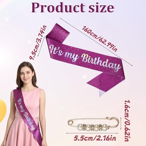 Glitter Purple Birthday Sash for Women with Pearl Pin