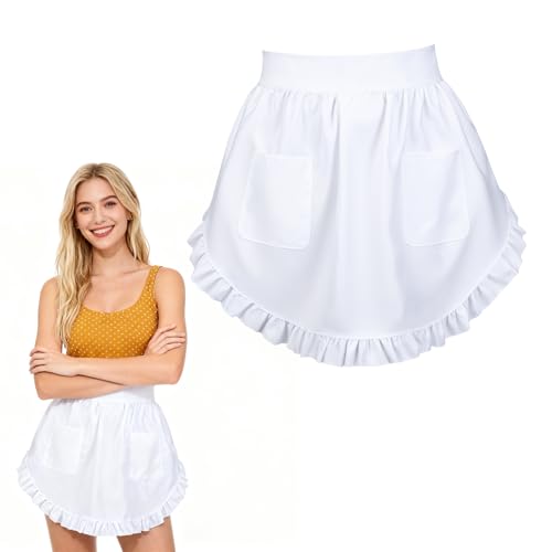White Waist Apron for Women with Pockets - Vintage Frilly Design
