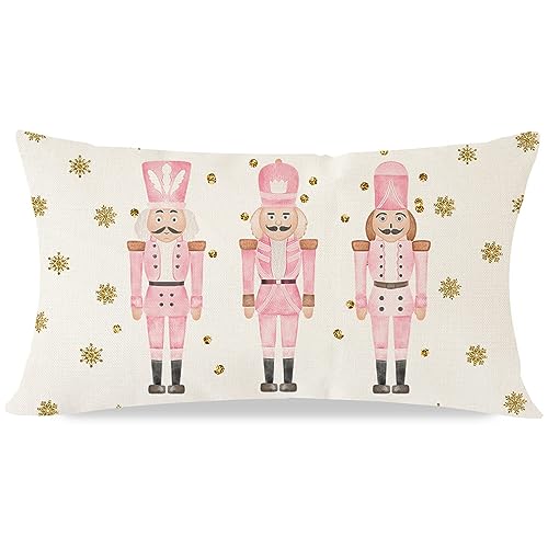 Pink Nutcracker Christmas Pillow Cover 12x20 Inch - Farmhouse Holiday Decor