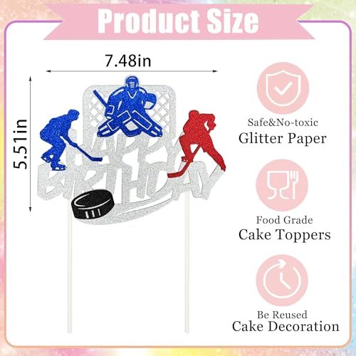 Hockey Themed Happy Birthday Cake Topper - Silver Glitter Decoration