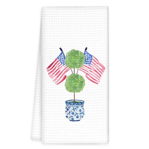 4th of July Patriotic Kitchen Towels - Blue Chinoiserie Topiary Hand Towels, Flag & Topiary Design, 16x24, Decorative Dish Tea Towel - Topiary Flag Variation