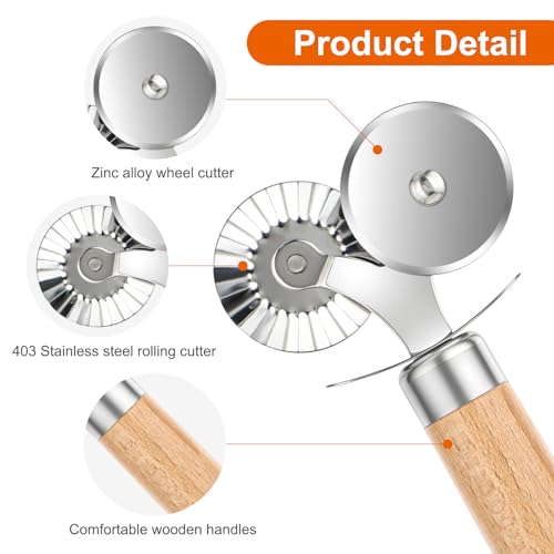 Double Wheel Pastry Cutter with Wooden Handle for Pizza & Cookies