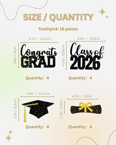 Jiiohur Class of 2026 Graduation Centerpieces Sticks - 16 Pcs, Black & Gold Party Supplies (Bg)