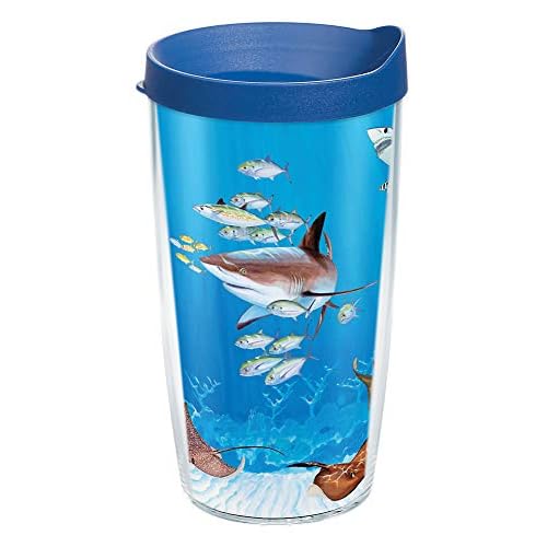 Tervis Made in USA Double Walled Guy Harvey Insulated Tumbler Cup Keeps Drinks Cold & Hot, 16oz, Shark Collage